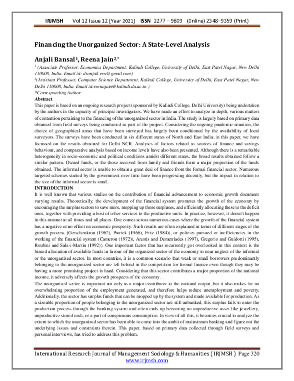 (PDF) Financing the Unorganized Sector: A State-Level Analysis