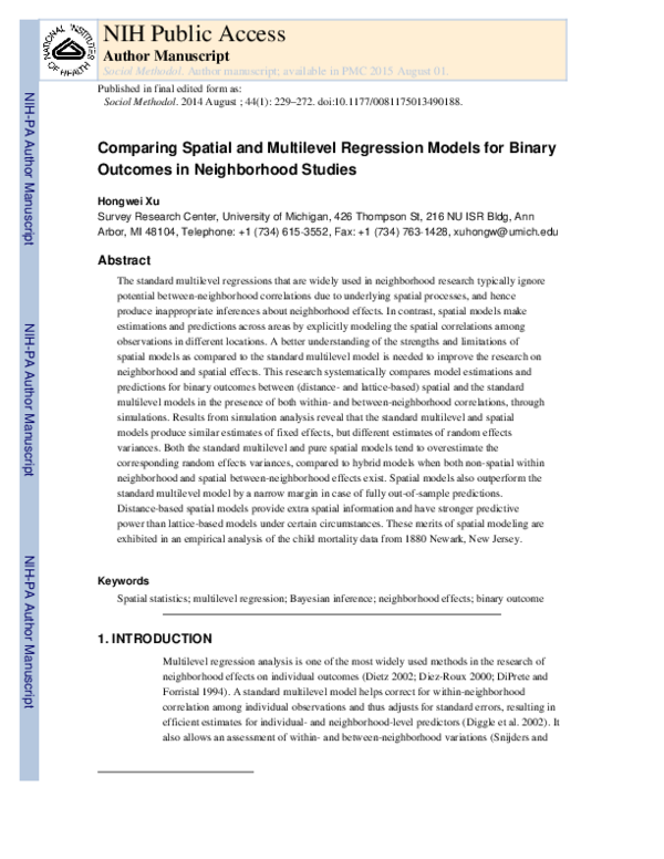 (PDF) Comparing Spatial and Multilevel Regression Models for Binary ...