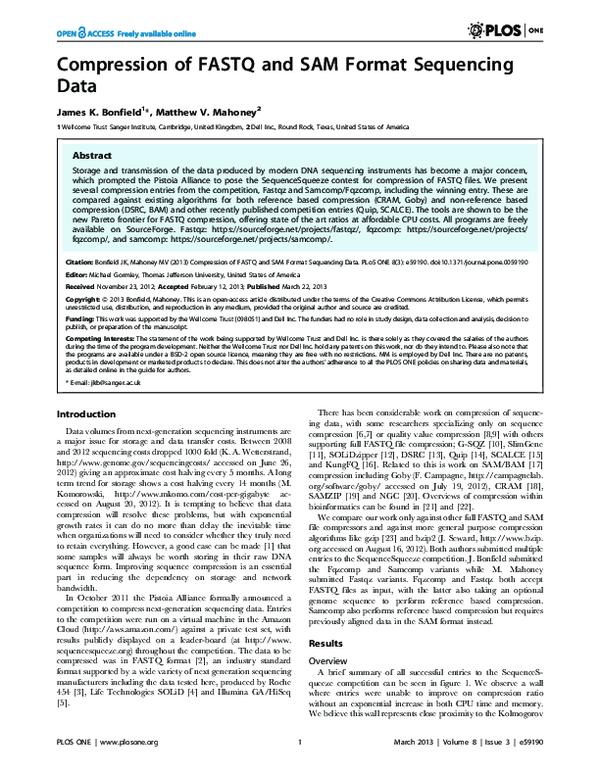 (PDF) Compression of FASTQ and SAM Format Sequencing Data Matt