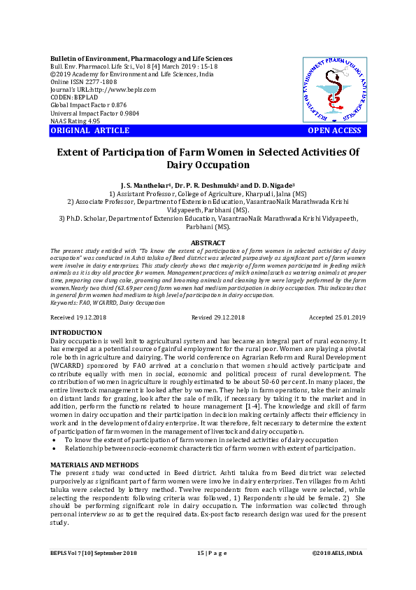 (PDF) Extent of Participation of Farm Women in Selected Activities Of ...