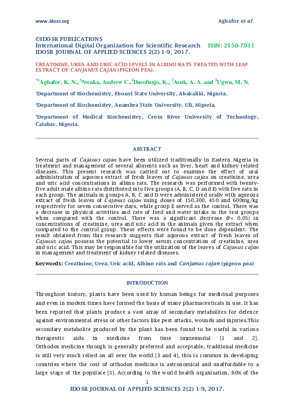 (PDF) Creatinine, Urea and Uric Acid Levels in Albino Rats Treated with Leaf Extract of Canjanus