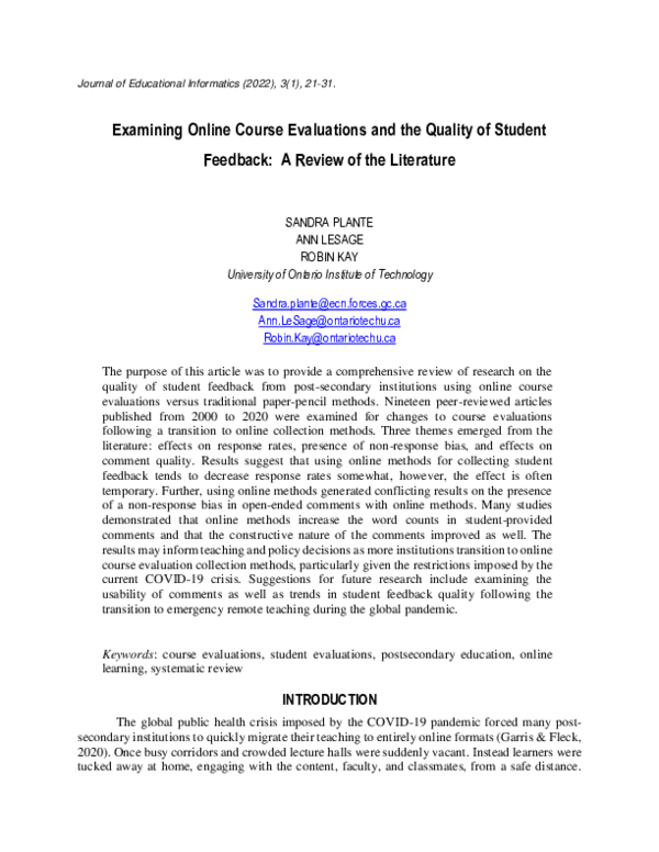 (PDF) Examining Online Course Evaluations and the Quality of Student ...