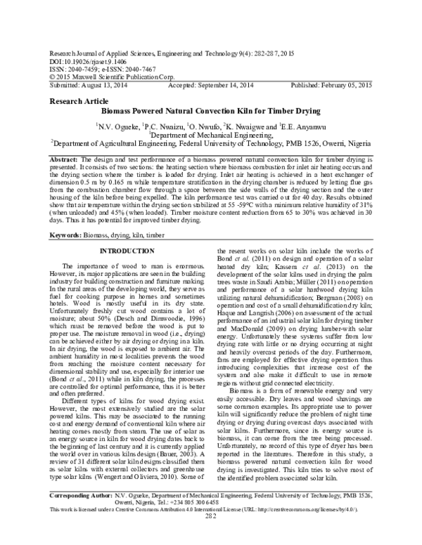 Biomass Powered Natural Convection Kiln for Timber Drying