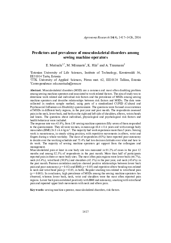 (PDF) Predictors and prevalence of musculoskeletal disorders among