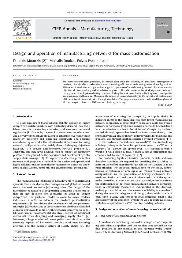 (PDF) Design and operation of manufacturing networks for mass customisation