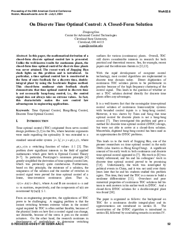 (PDF) On discrete time optimal control: a closed-form solution