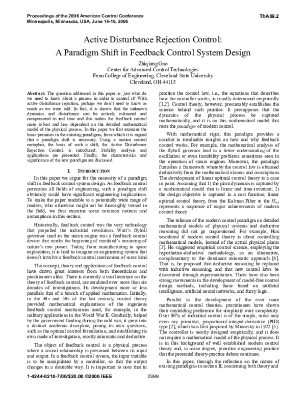 Pdf Active Disturbance Rejection Control A Paradigm Shift In Pdf Active Disturbance Rejection Control A Paradigm Shift In
