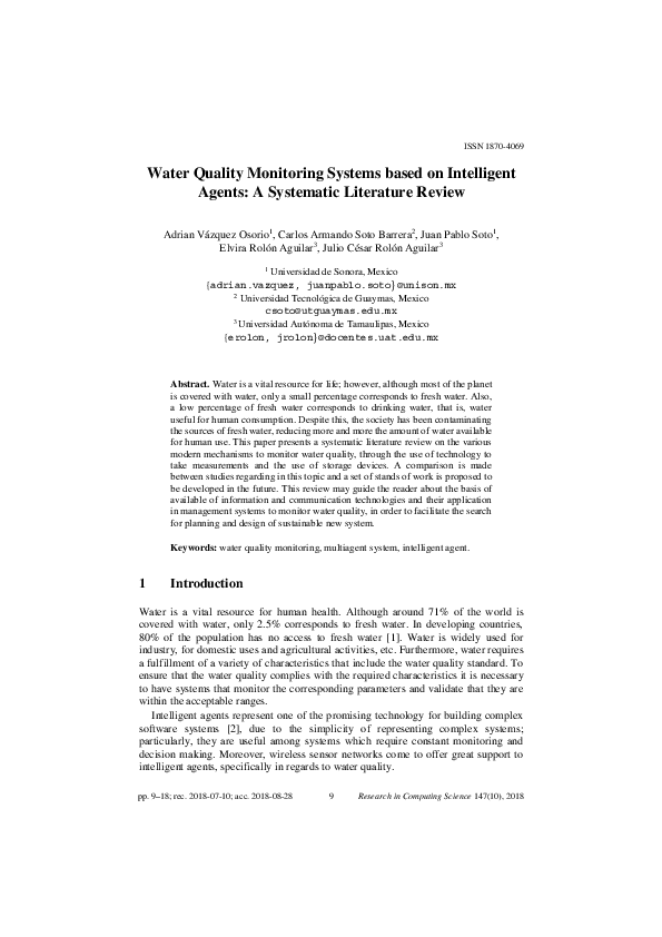 (PDF) Water Quality Monitoring Systems Based on Intelligent Agents A Systematic Literature