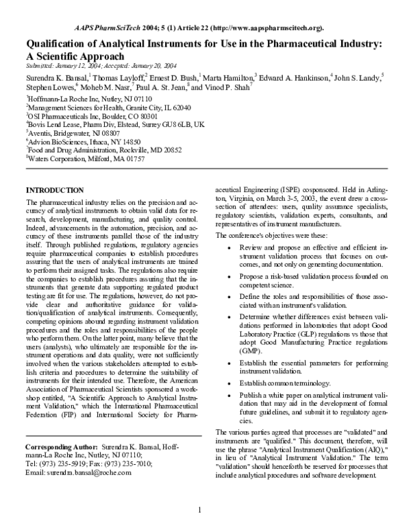 (PDF) Qualification of analytical instruments for use in the
