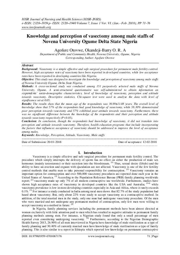(PDF) Knowledge and perception of vasectomy among male staffs of Novena ...
