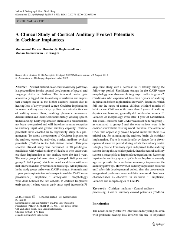 (PDF) A Clinical Study of Cortical Auditory Evoked Potentials in ...