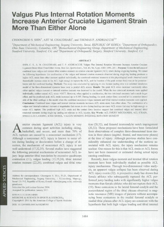 (PDF) Valgus Plus Internal Rotation Moments Increase Anterior Cruciate ...