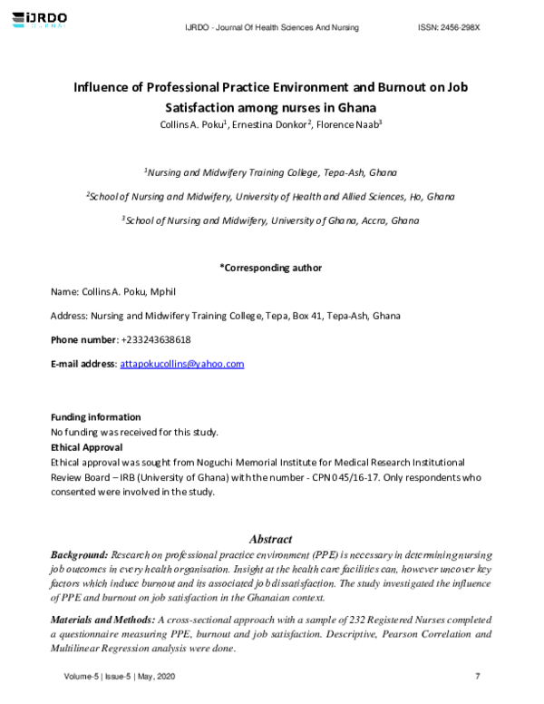 (PDF) Influence of Professional Practice Environment and Burnout on Job ...