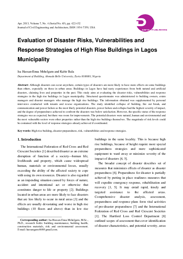 (PDF) Evaluation of Disaster Risks, Vulnerabilities and Response ...