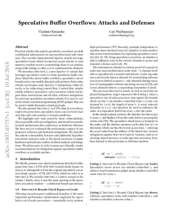 (PDF) Speculative Buffer Overflows: Attacks and Defenses