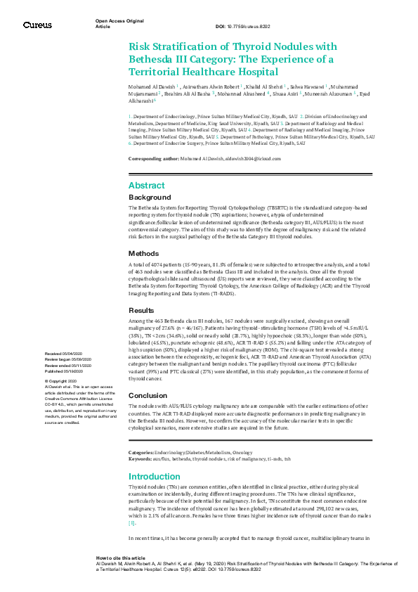 (PDF) Risk Stratification of Thyroid Nodules with Bethesda III Category ...