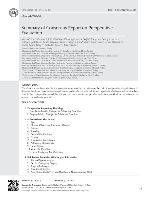 (PDF) Summary of Consensus Report on Preoperative Evaluation