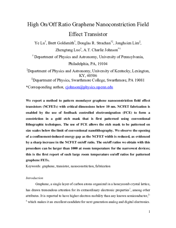 (PDF) High-On/Off-Ratio Graphene Nanoconstriction Field-Effect Transistor