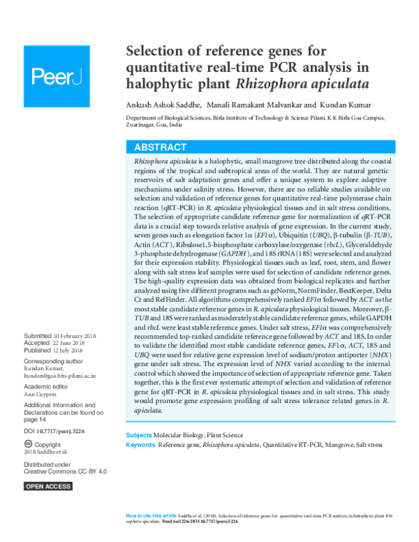 (PDF) Selection of reference genes for quantitative real-time PCR ...