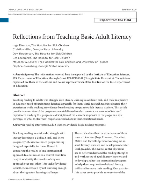 (PDF) Reflections from Teaching Basic Adult Literacy