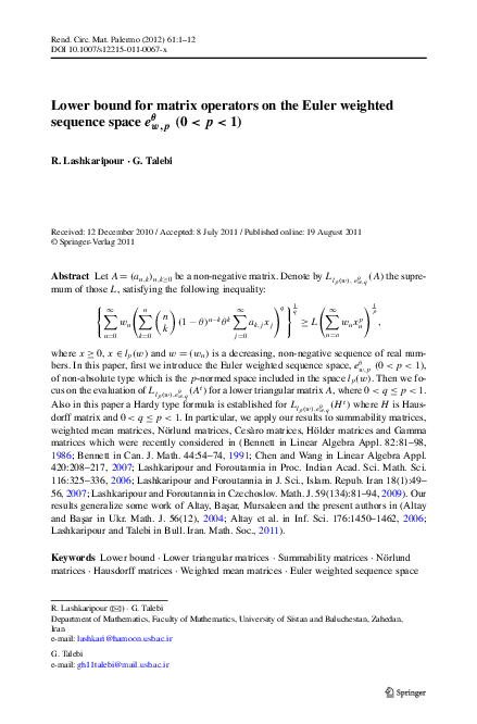 (PDF) Lower bound for matrix operators on the Euler weighted sequence ...