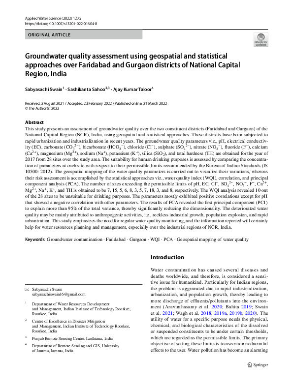 (PDF) Groundwater quality assessment using geospatial and statistical ...