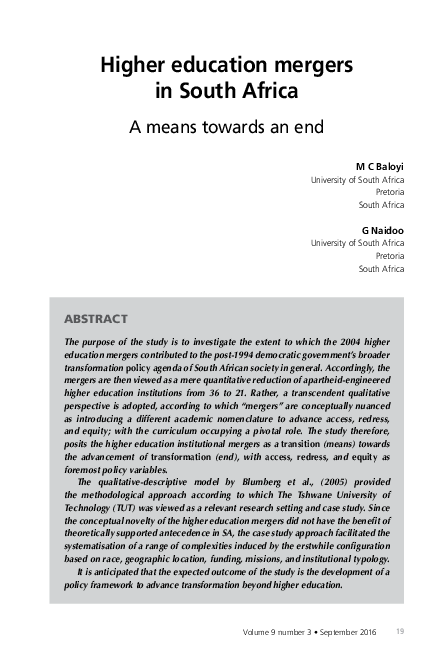 (PDF) Higher education mergers in South Africa : a means towards an end
