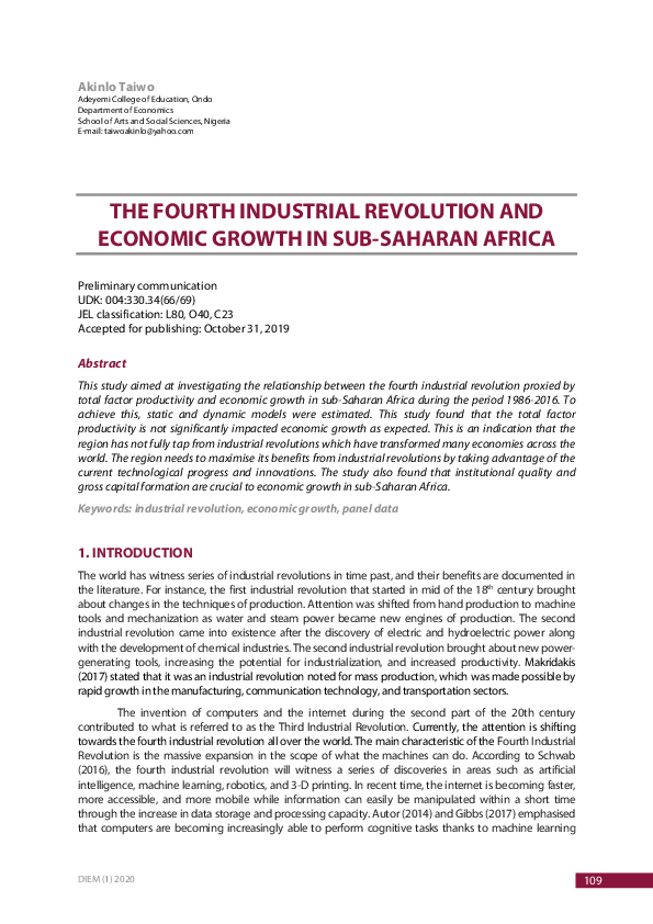 (PDF) The Fourth Industrial Revolution and Economic Growth in Sub ...