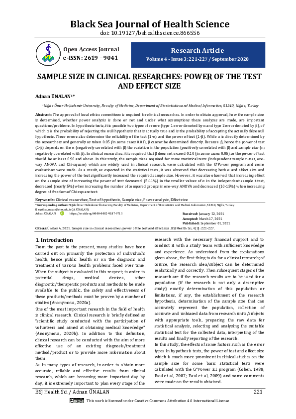 (PDF) Sample Size in Clinical Researches: Power of the Test and Effect Size