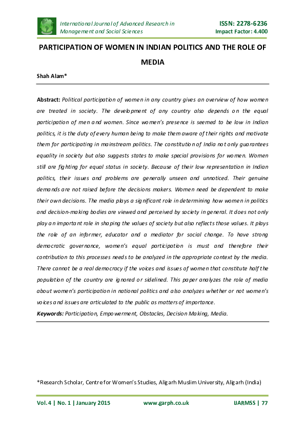 (PDF) Participation of Women in Indian Politics and the Role of Media