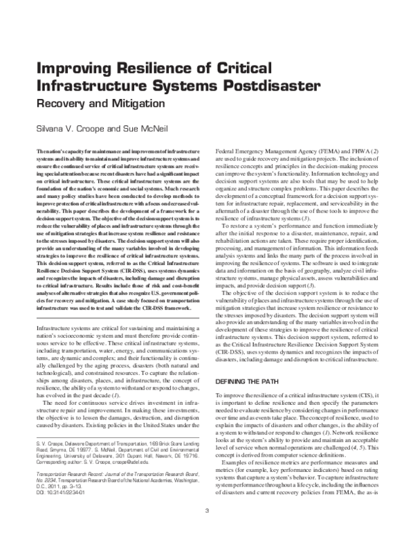 (PDF) Improving Resilience of Critical Infrastructure Systems Postdisaster