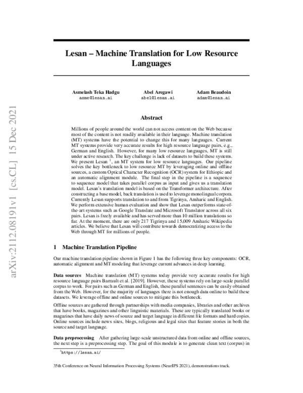 (PDF) Lesan: Machine Translation for Low Resource Languages