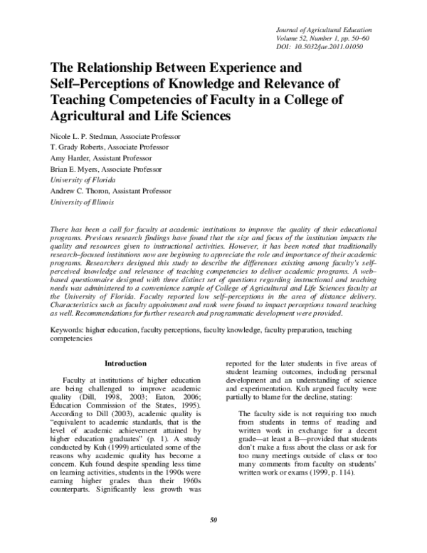 The Relationship Between Experience and Self–Perceptions of Knowledge and Relevance of Teaching Competencies of Faculty in a College of Agricultural and Life Sciences