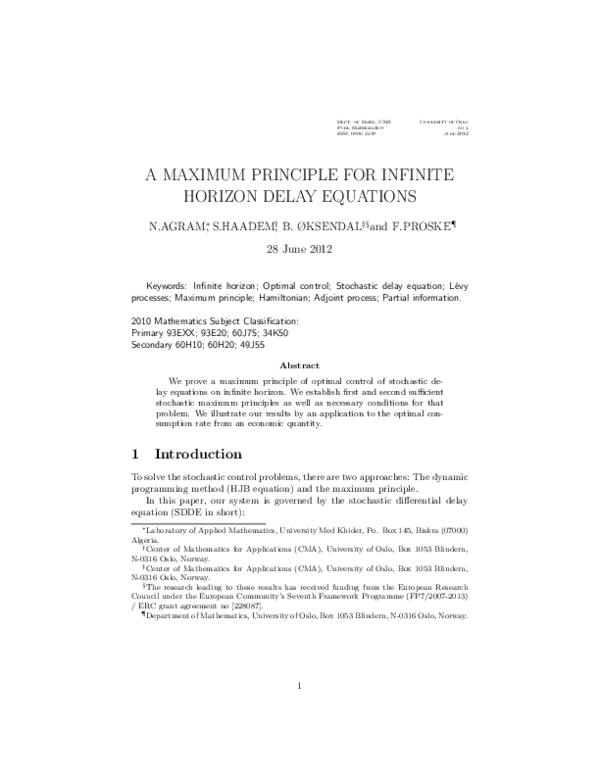 (PDF) A Maximum Principle for Infinite Horizon Delay Equations