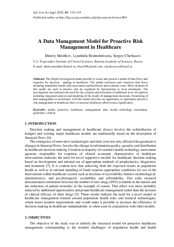 (PDF) A Data Management Model for Proactive Risk Management in Healthcare