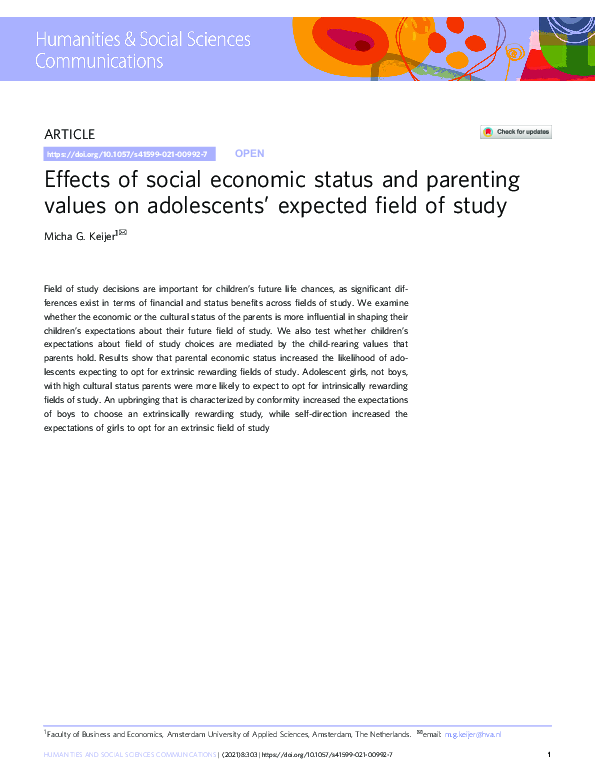 (PDF) Effects of social economic status and parenting values on ...