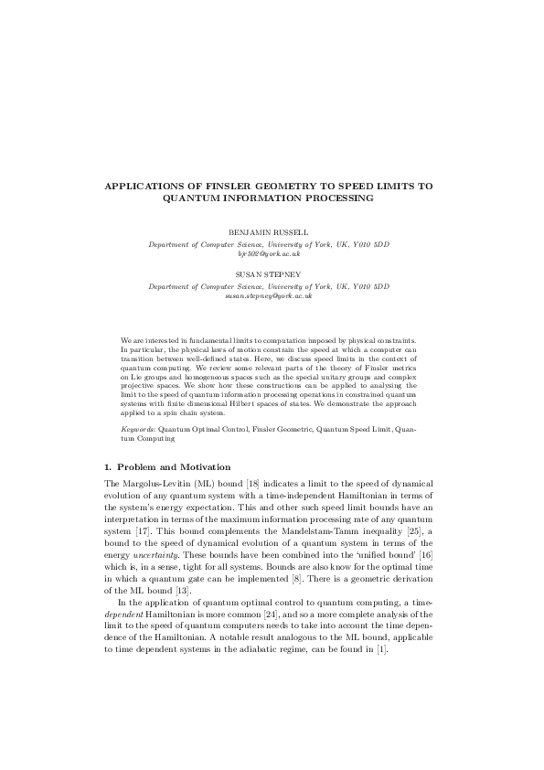 (PDF) Applications of Finsler Geometry to Speed Limits to Quantum ...