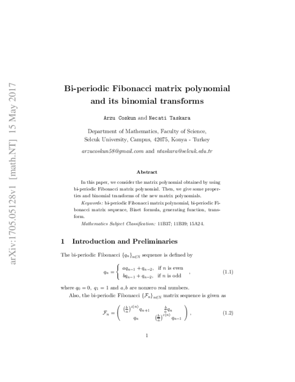 (PDF) Bi-periodic Fibonacci matrix polynomial and its binomial transforms