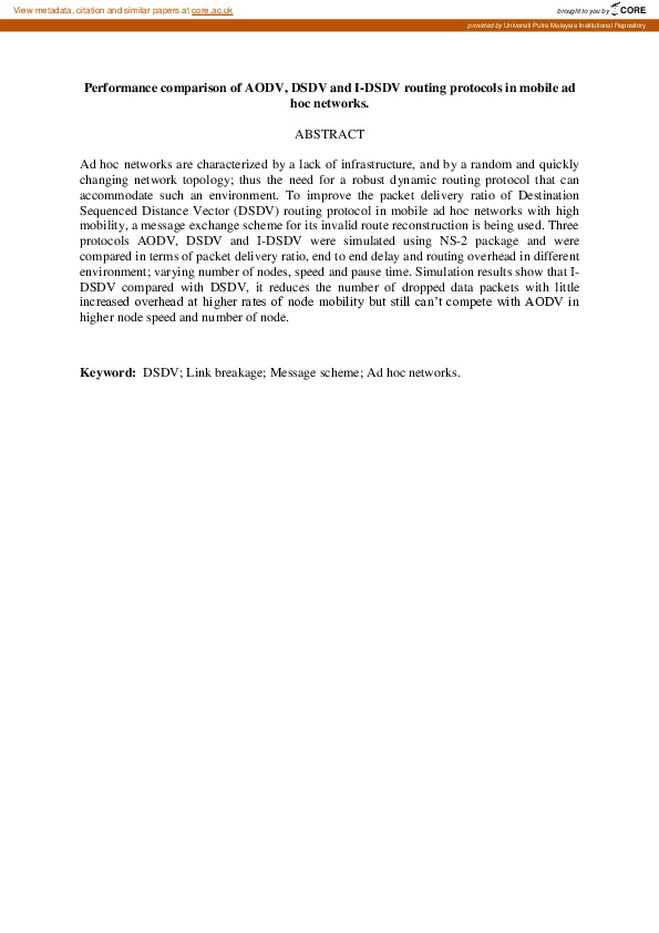 (PDF) Performance comparison of AODV, DSDV and I-DSDV routing protocols ...