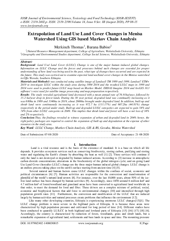 (PDF) Extrapolation of Land Use Land Cover Changes in Menisa Watershed ...