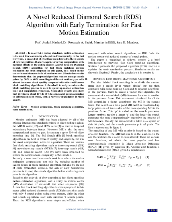 (PDF) A Novel Reduced Diamond Search (RDS) Algorithm with Early ...