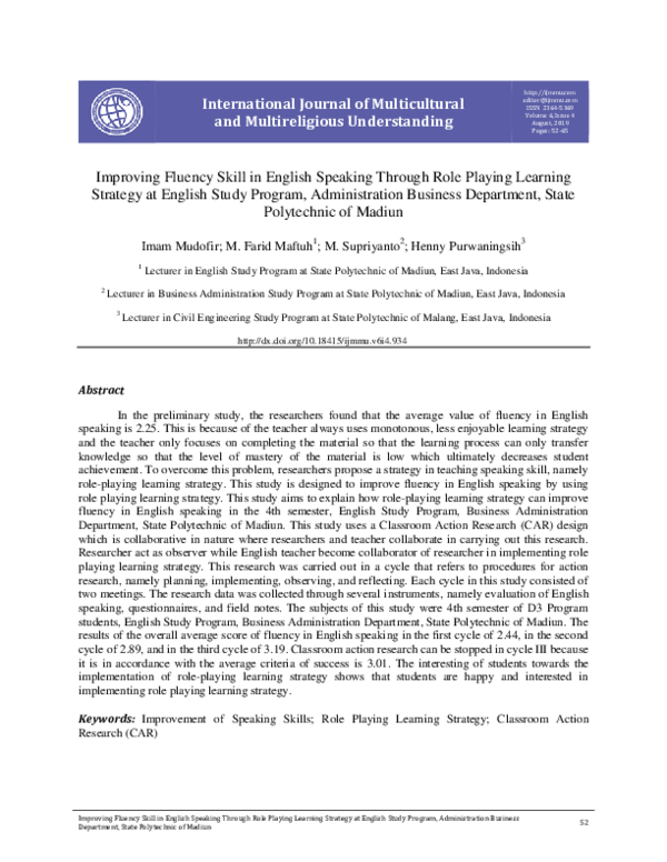 (PDF) Improving Fluency Skill in English Speaking Through Role Playing ...