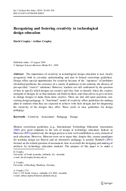 (PDF) Recognizing and fostering creativity in technological design ...
