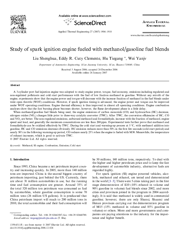 (PDF) Study of spark ignition engine fueled with methanol/gasoline fuel ...