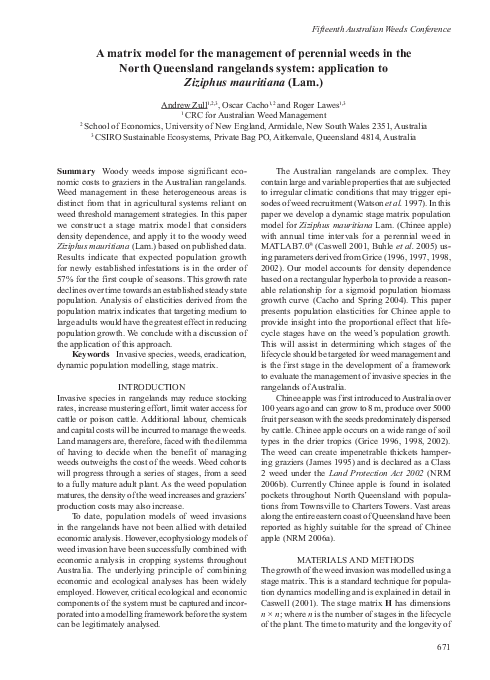 A matrix model for the management of perennial weeds in the North Queensland rangelands system: application to Ziziphus mauritiana (Lam.)