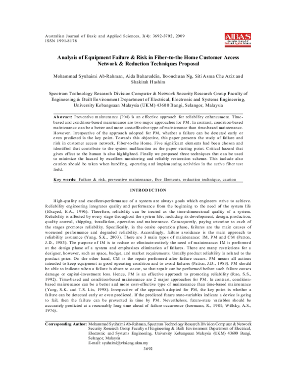 Analysis of Equipment Failure & Risk in Fiber-to-the Home Customer Access Network & Reduction Techniques Proposal