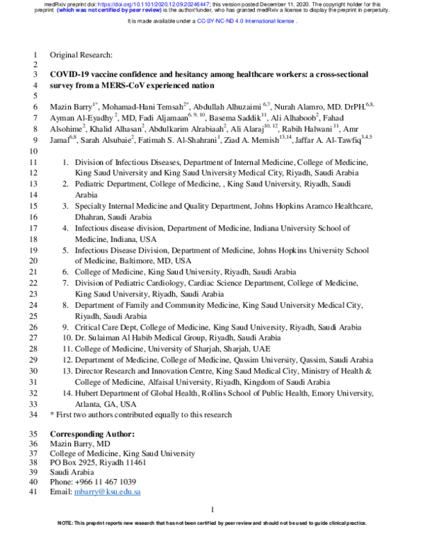(PDF) COVID-19 vaccine confidence and hesitancy among healthcare ...