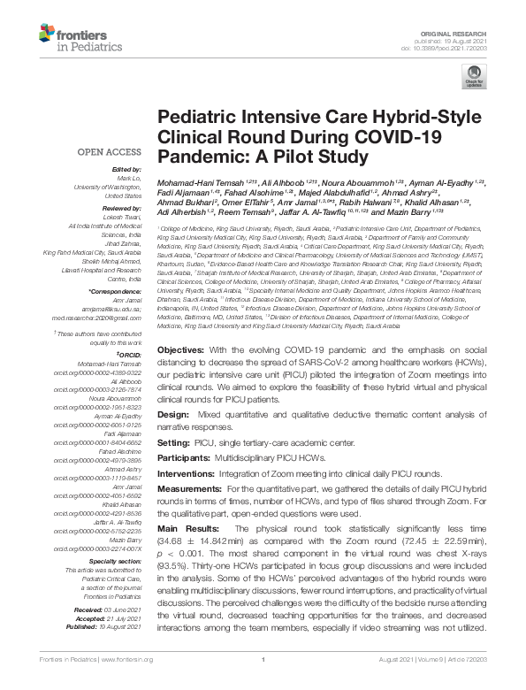 (PDF) Pediatric Intensive Care Hybrid-Style Clinical Round During COVID ...