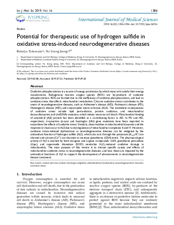 (PDF) Potential for therapeutic use of hydrogen sulfide in oxidative ...