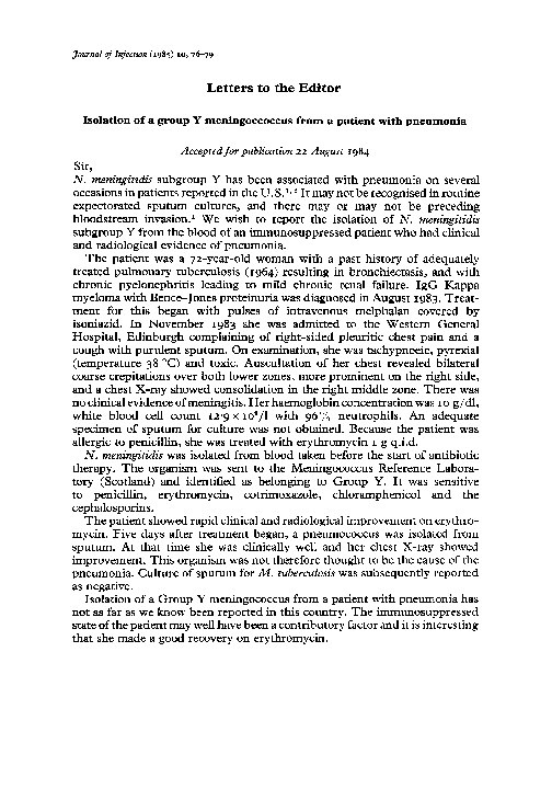 (PDF) Isolation of a group Y meningoccoccus from a patient with pneumonia